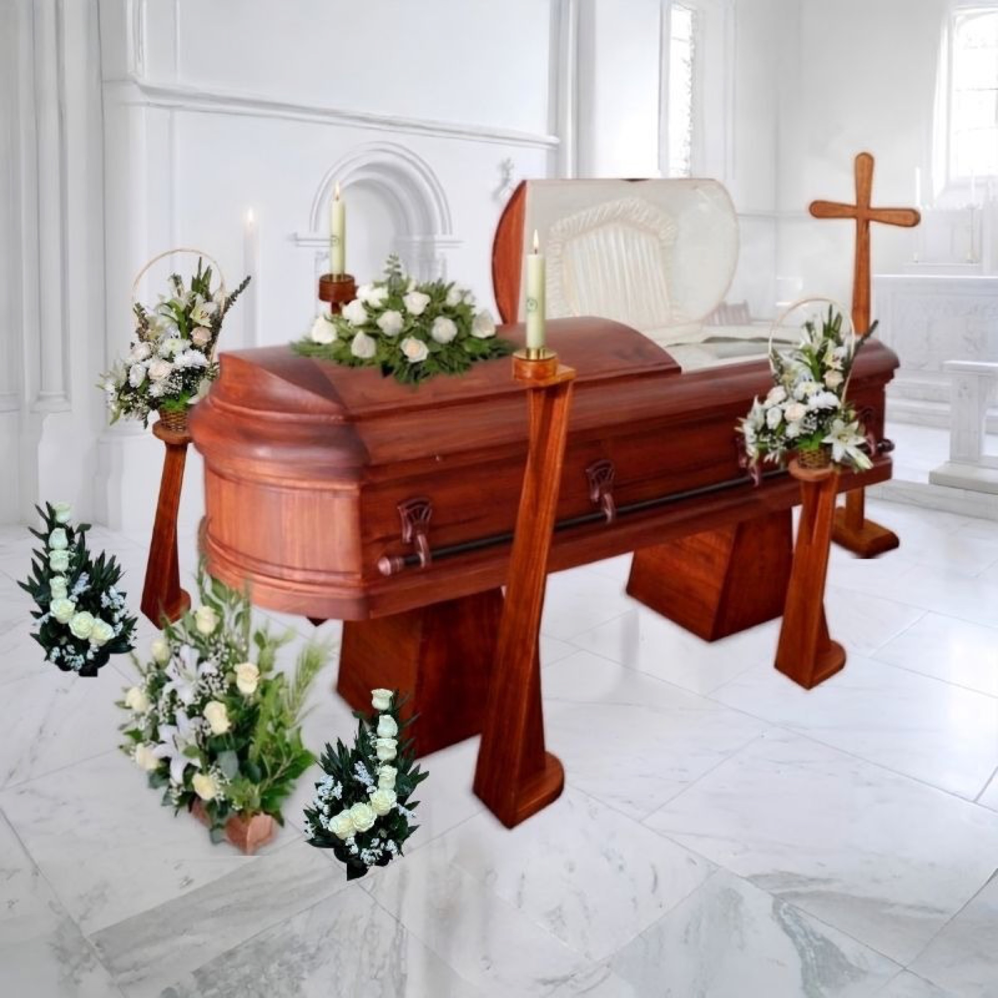 Urna de madera sólida con seis arreglos florales