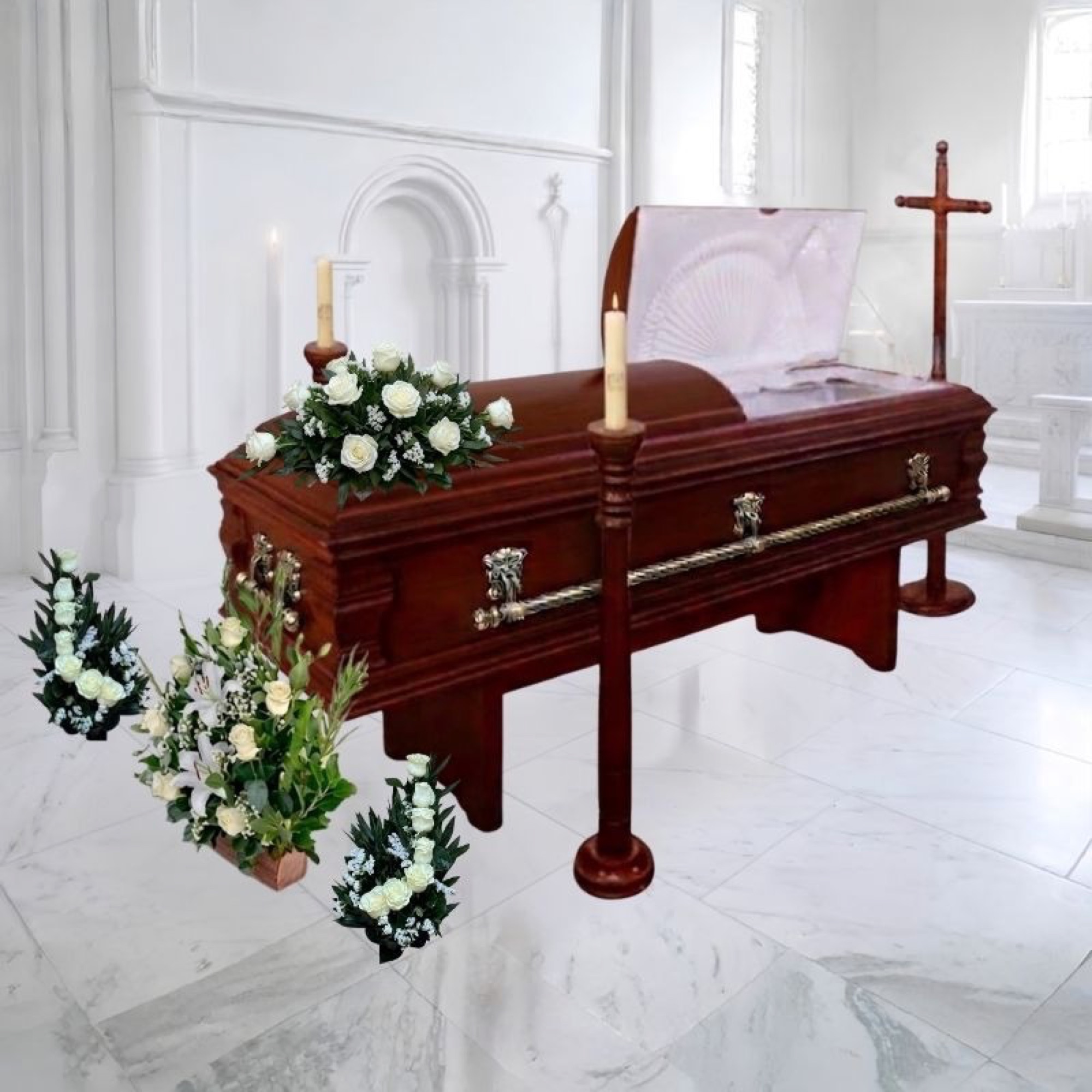 Urna oscura en capilla blanca con cuatro arreglos florales